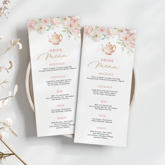 Menu Cardápio de Bebidas do Chá de Noiva da Tea Party (Tea Party Bridal Shower Drink Menu)