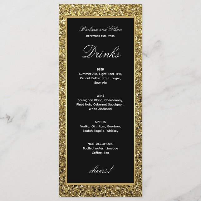 Menu Cardápio de Bebidas Elegante Dourado e Preto (Frente)