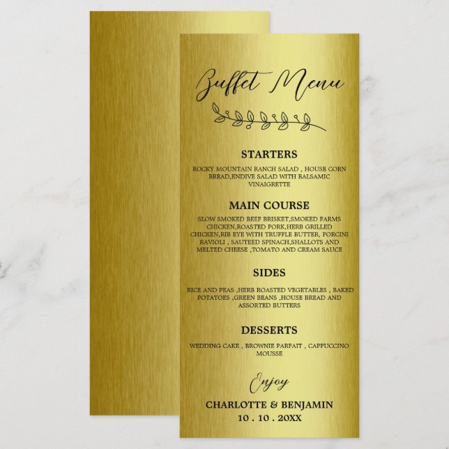 Menu Cardápio de Buffet de Casamento em Metal Dourado  (Frente/Verso)