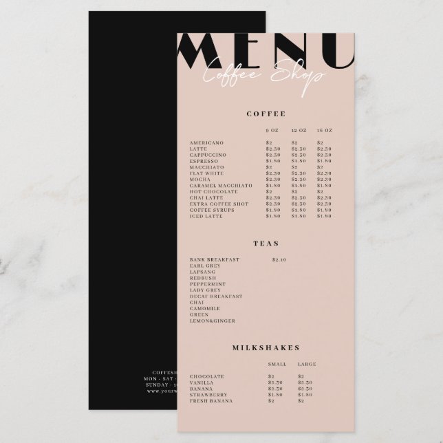 Menu Cardápio de Café Minimalista Moderno (Frente/Verso)