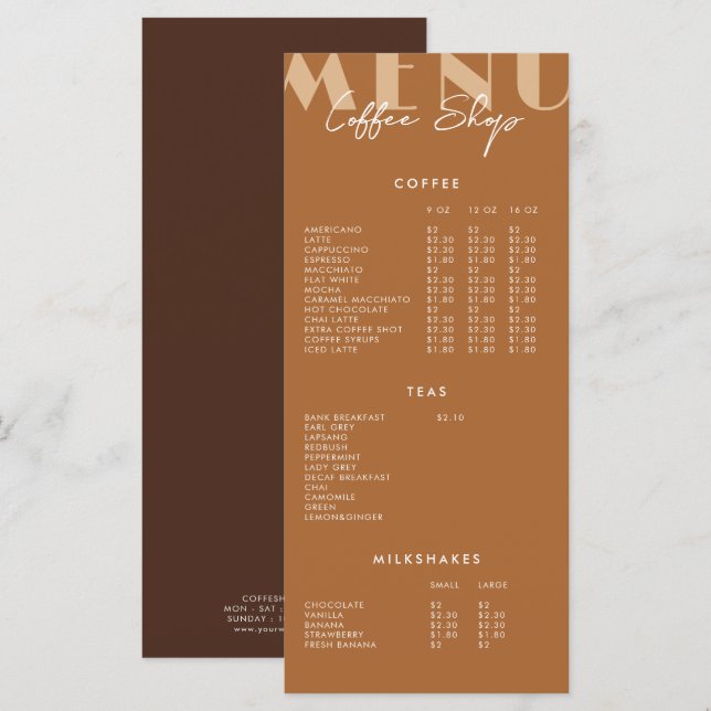 Menu Cardápio de Café Minimalista Moderno (Frente/Verso)