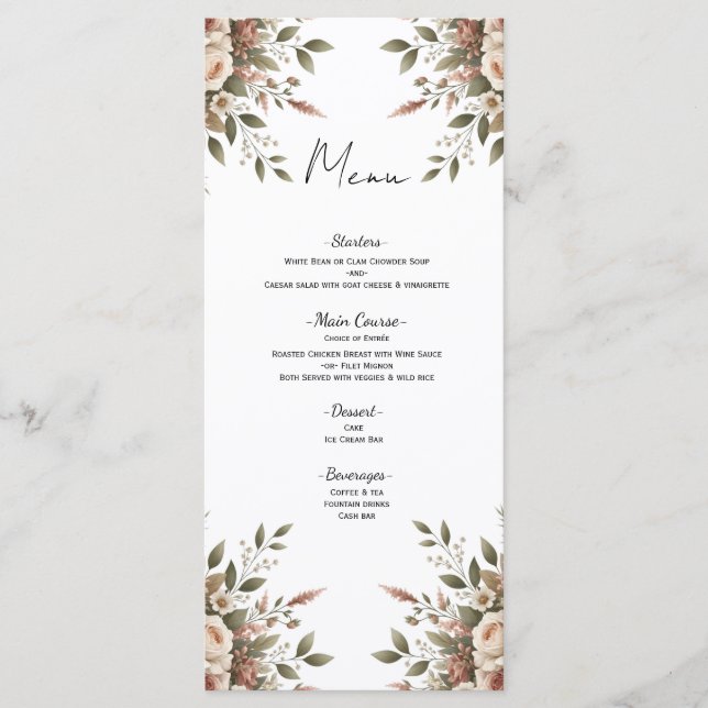 Menu Cardápio de Canto Floral Verde Oliva & Branco Eleg (Frente)