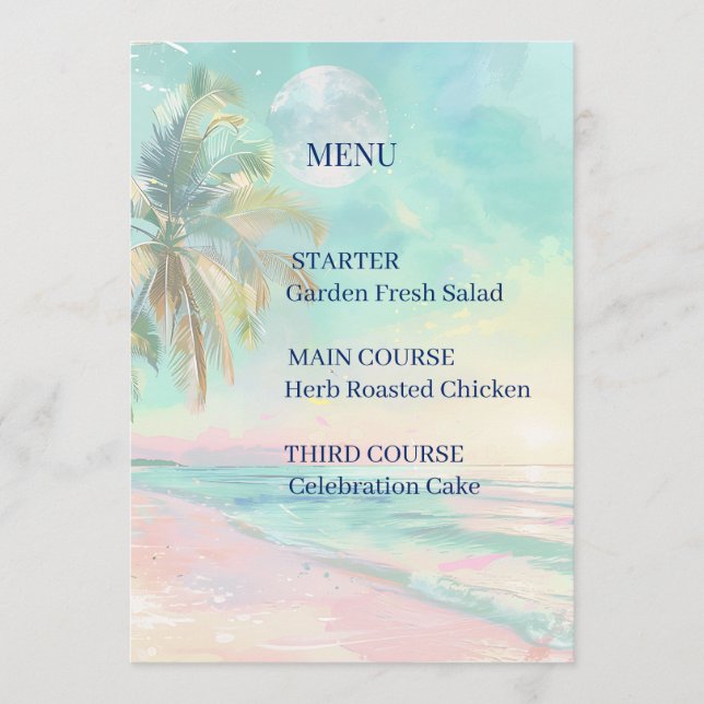 Menu Cardápio de Casamento à Beira Mar com Aquarela ao  (Frente)