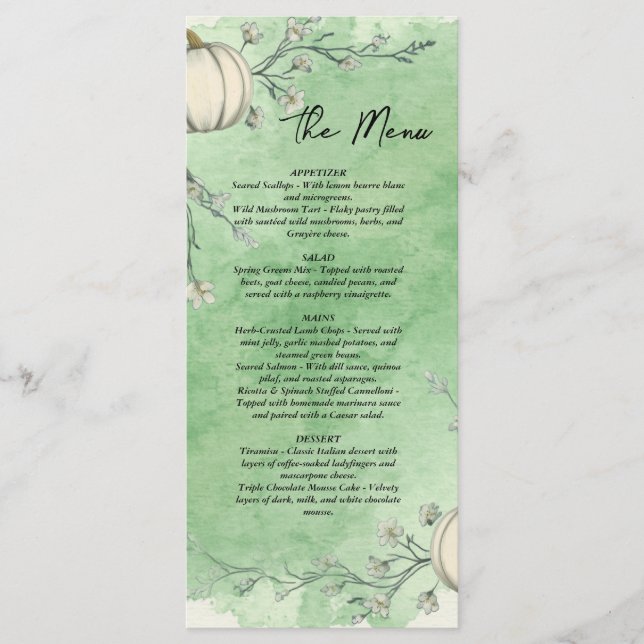 Menu Cardápio de Casamento Abóbora Outono Verde Rústico (Frente)