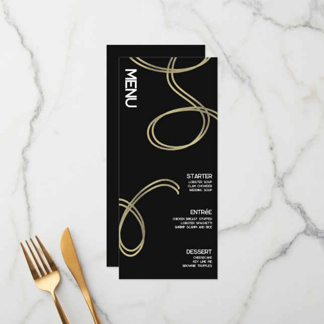 Menu Cardápio de Casamento Abstrato Preto e Branco Gira (Frente/Verso In Situ)