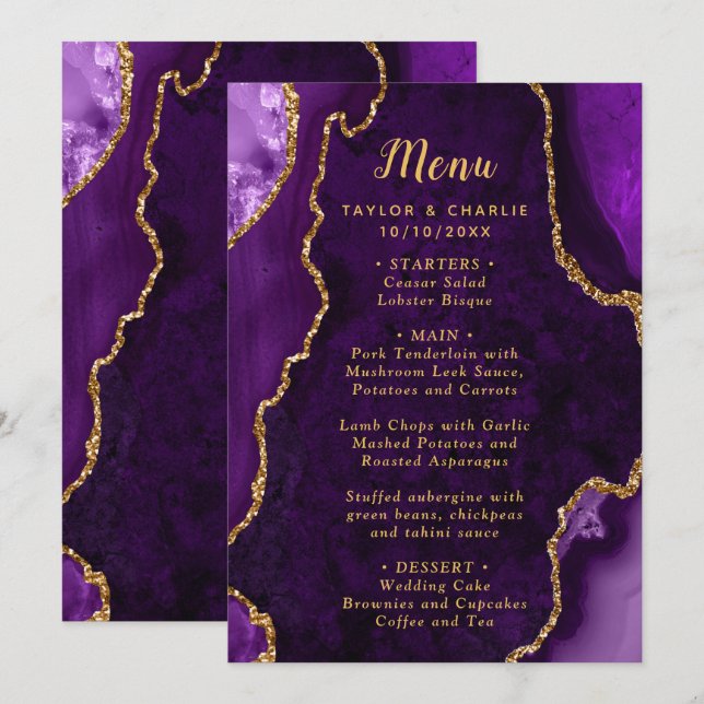 Menu Cardápio de Casamento Ágata Roxo e Dourado (Frente/Verso)