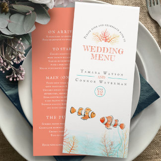 Menu Cardápio de casamento aquarela peixes tropicais co