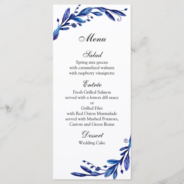Menu Cardápio de casamento azul botânico. Cardápio de j (Frente)