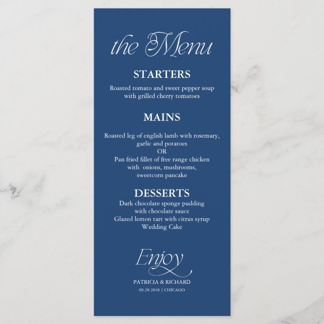 Menu Cardápio de Casamento Azul Cobalto Minimalista Mod (Frente)