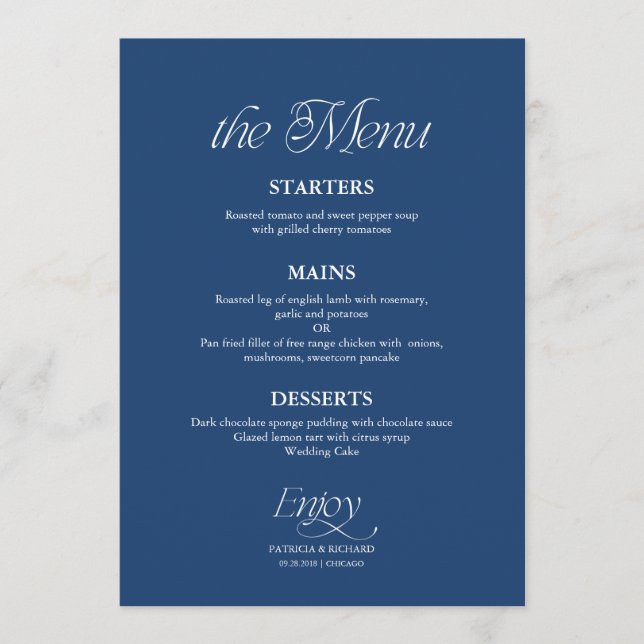 Menu Cardápio de Casamento Azul Cobalto Minimalista Mod (Frente)