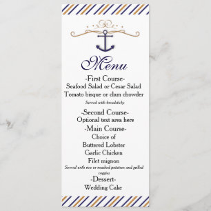 Menu Cardápio de Casamento Azul Dourado Listrado Náutic