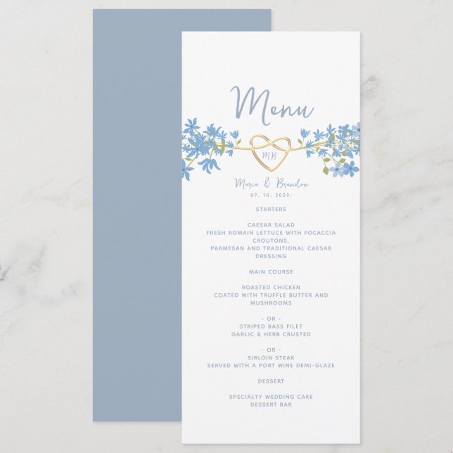 Menu Cardápio de Casamento Azul Empoeirado (Frente/Verso)