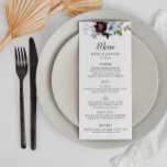 Menu Cardápio de casamento azul empoeirado<br><div class="desc">Um maravilhoso design de casamento floral com lindas flores azuis e poeirentas. A cor e o texto podem ser personalizados.</div>