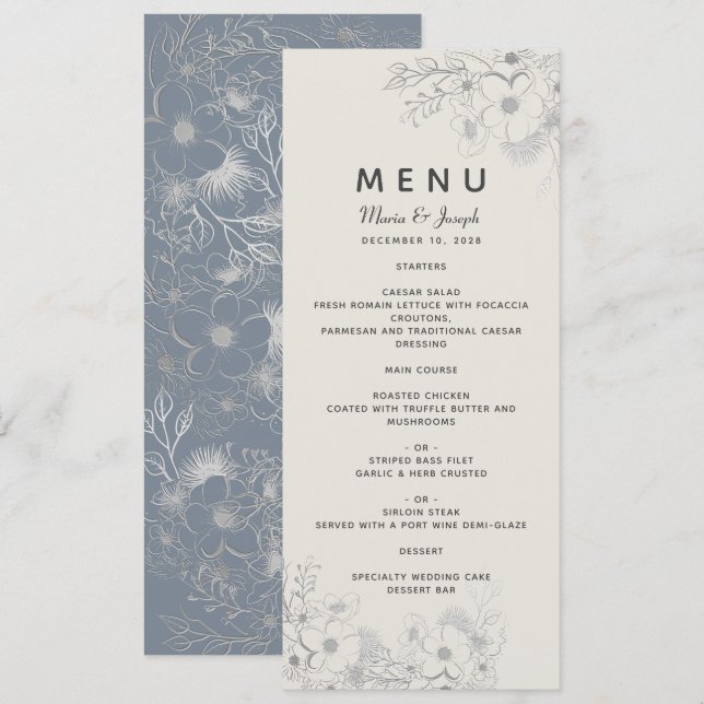 Menu Cardápio de Casamento Azul Empoeirado (Frente/Verso)