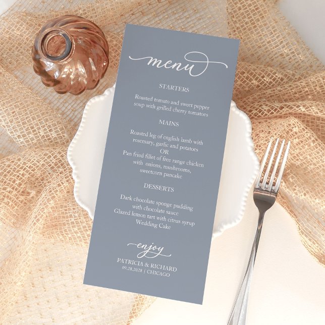 Menu Cardápio de Casamento Azul Empoeirado Caligrafia E (Criador carregado)