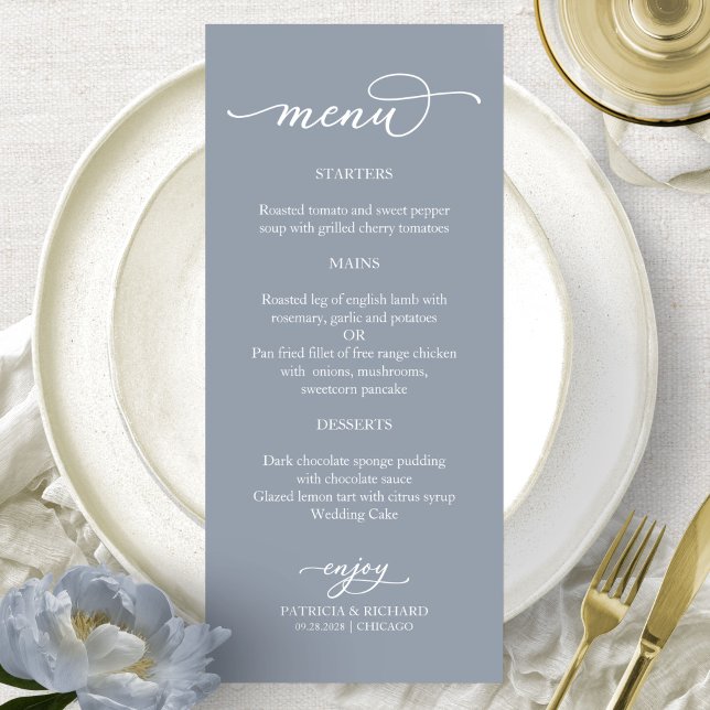 Menu Cardápio de Casamento Azul Empoeirado Caligrafia E (Criador carregado)