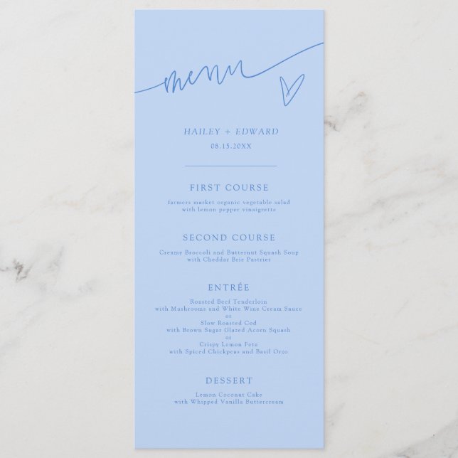 Menu Cardápio de Casamento Azul Gelo Script Moderno (Frente)