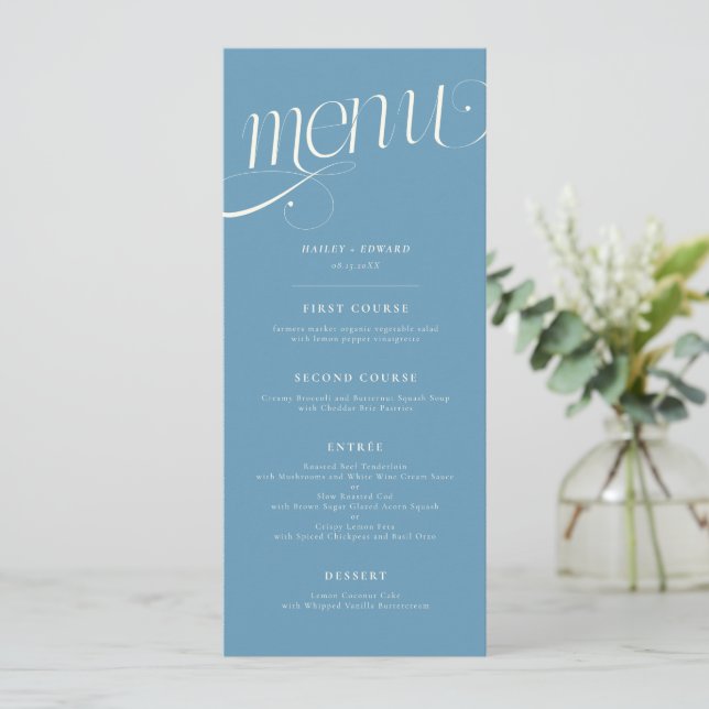 Menu Cardápio de Casamento Azul Jeans Redemoinho Elegan (Em pé/Frente)