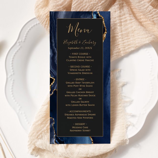 Menu Cardápio de casamento azul naval moderno com Ágata (Criador carregado)