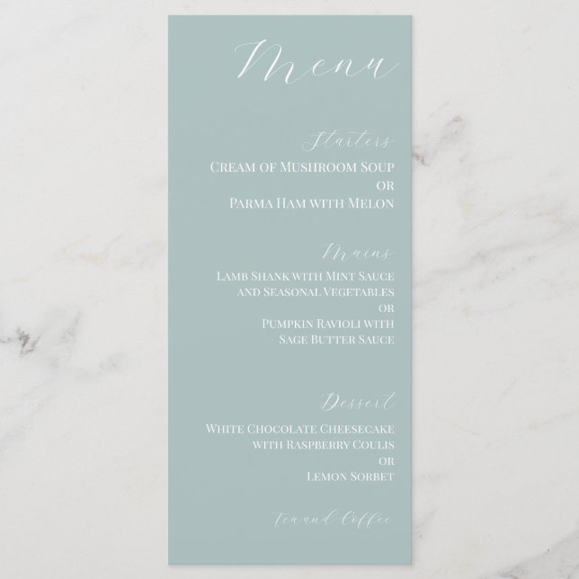 Menu Cardápio de casamento azul pálido escuro minimal (Frente)