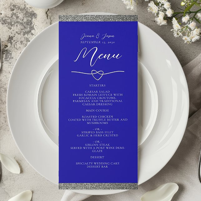 Menu Cardápio de Casamento Azul Real Chic Silver (Criador carregado)
