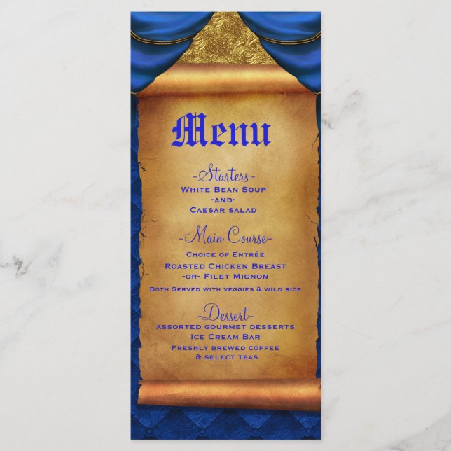 Menu Cardápio de Casamento Azul Royal Dourado com Drape (Frente)