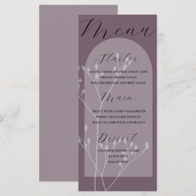 Menu Cardápio de Casamento Boho Arch Poeira Roxa Folhag (Frente/Verso)