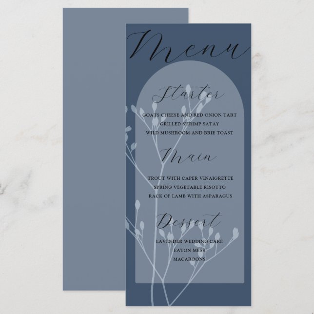 Menu Cardápio de Casamento Boho Arco Folhagem Azul (Frente/Verso)