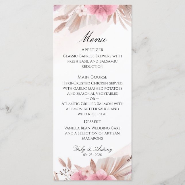 Menu Cardápio de Casamento Boho Chic Rosa Romântica e C (Frente)
