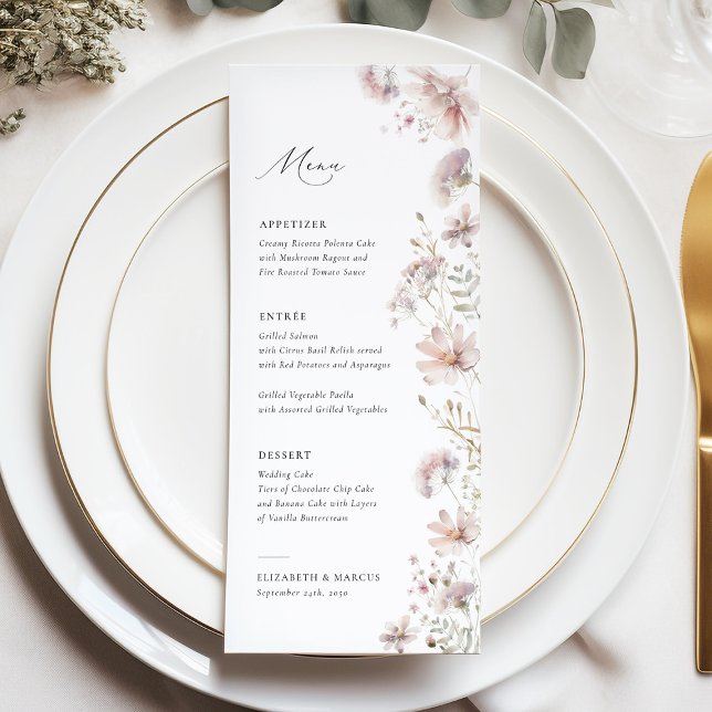 Menu Cardápio de Casamento Boho Flor de Campo Rosa (Blush wildflower boho wedding menu with soft floral design, elegant typography, romantic table style)