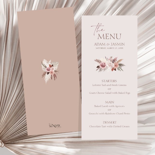 Menu Cardápio de Casamento Boho Floral Pampas Blush Ter (Boho Dusty Pink Dried Flowers Pampas Grass Wedding Menu)