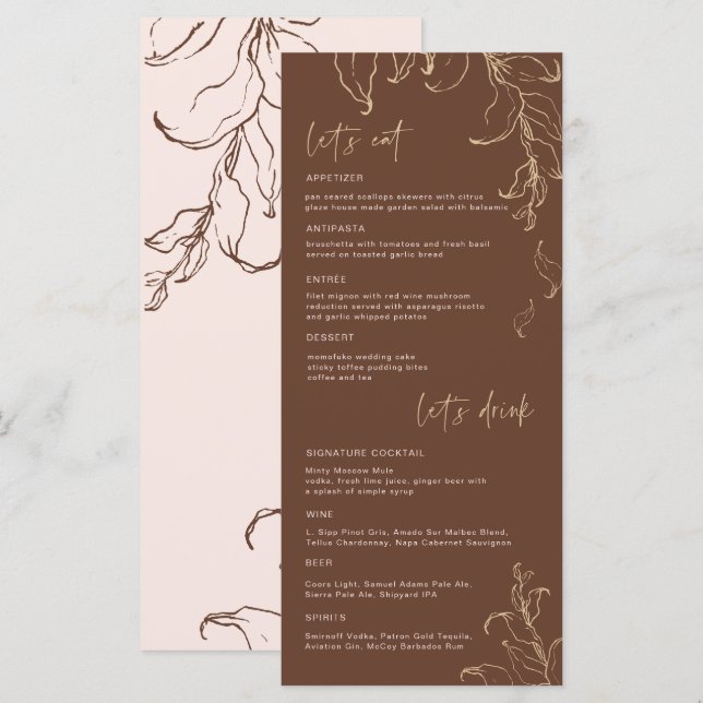 Menu Cardápio de Casamento Boho Minimalista Botânico Te (Frente/Verso)