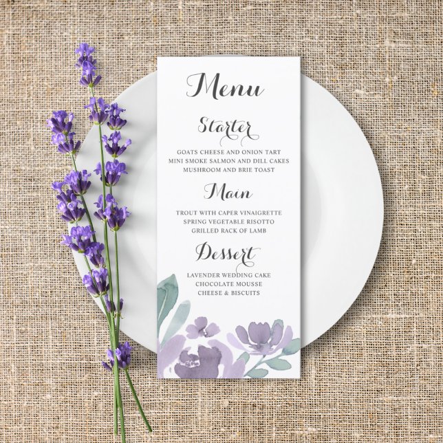 Menu Cardápio de Casamento Boho Roxo Floral Aquarela (Criador carregado)