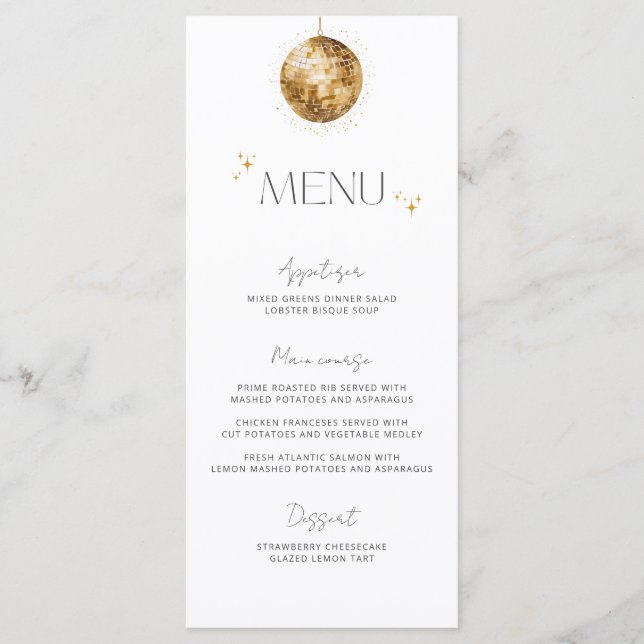 Menu Cardápio de Casamento Bola de Disco Dourada Minima (Frente)