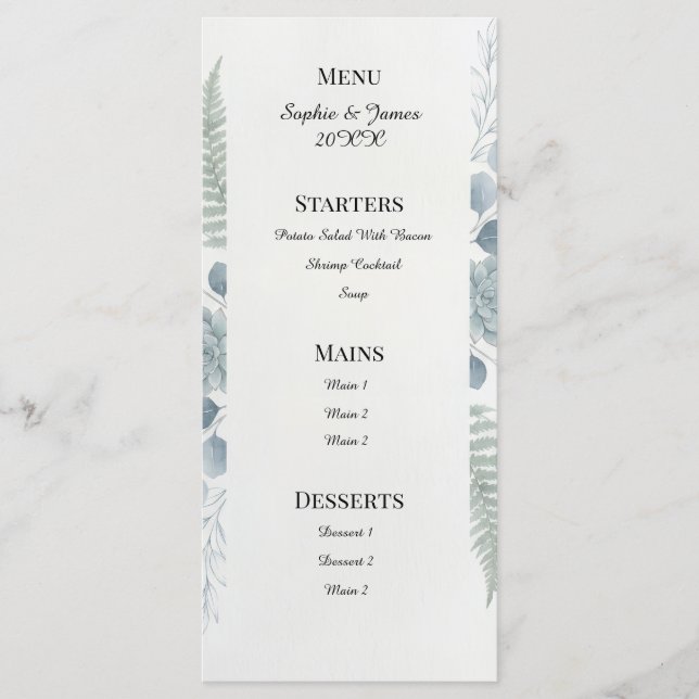 Menu Cardápio de Casamento Botânico Cinza Azul (Frente)