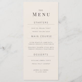 Menu Cardápio de Casamento Botânico Minimalista Bege Su