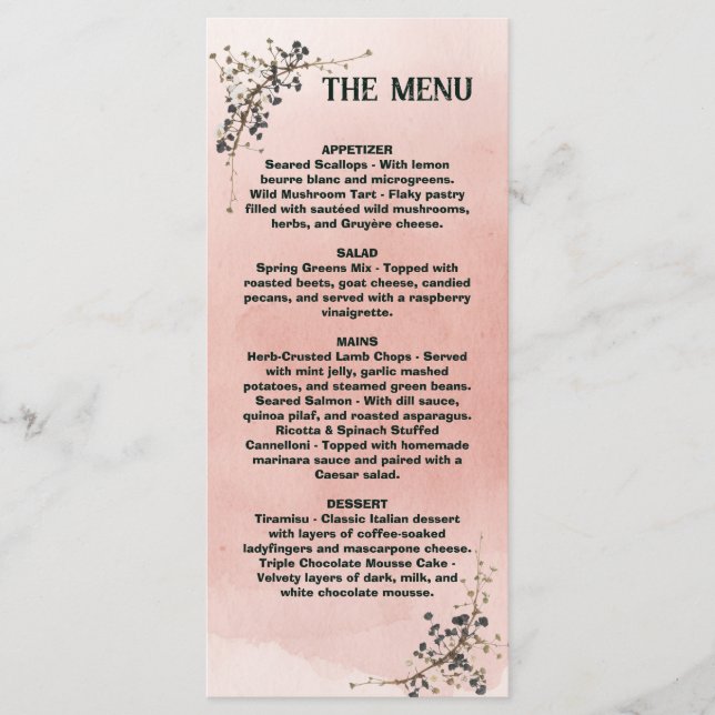 Menu Cardápio de Casamento Botânico Rosa Empoeirado, Ca (Frente)