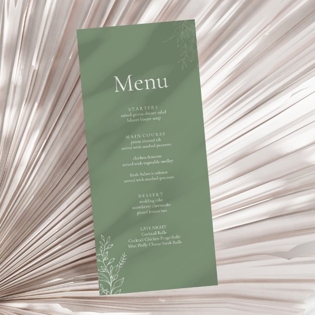 Menu Cardápio de Casamento Botânico Verde Sálvia Escuro (Dark Sage Green Botanical Wedding Menu on a neutral dry palm leaf.)