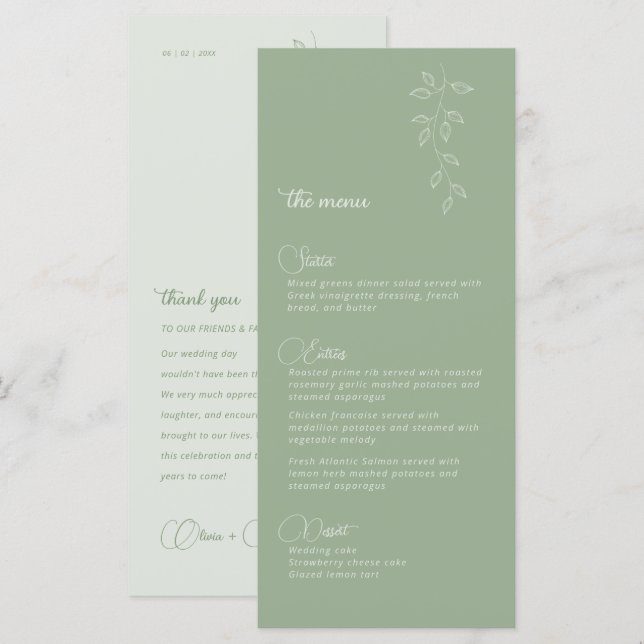 Menu Cardápio de Casamento Botânicos & Verde Sálvia (Frente/Verso)
