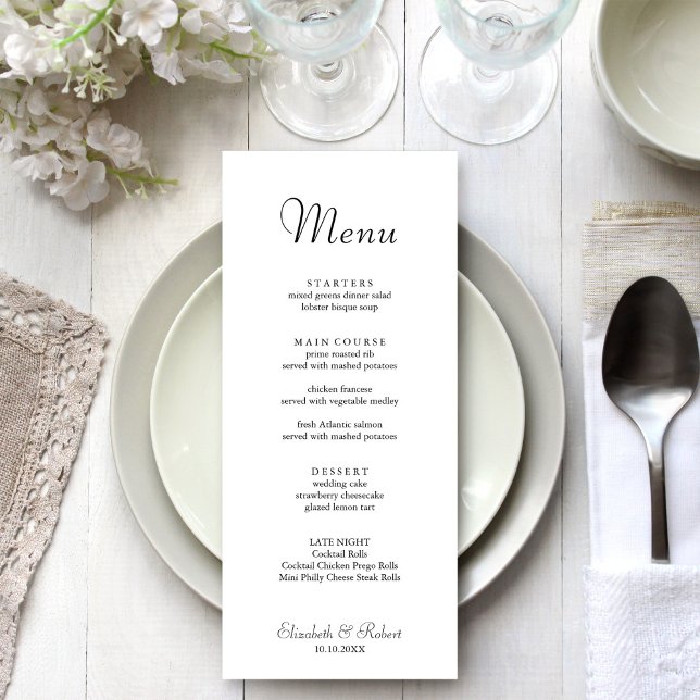 Menu Cardápio de Casamento Branco Minimalista Moderno (Modern Minimalist White Wedding Menu on a beautiful white and silver wedding dinner table.)