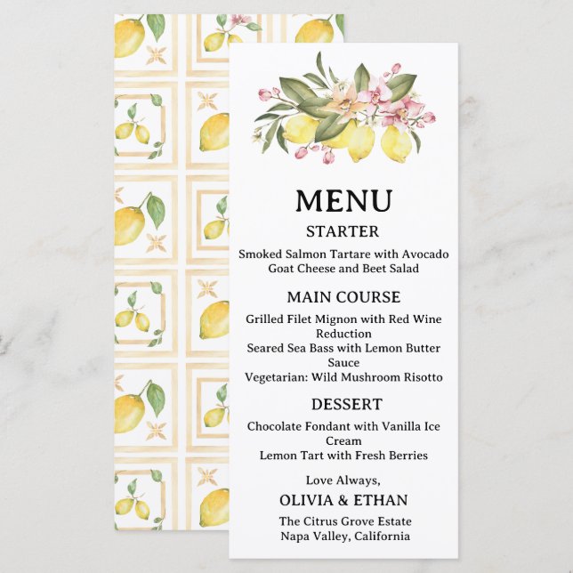 Menu Cardápio de Casamento Brunch Cítrico Lemon Wedding (Frente/Verso)