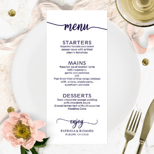 Menu Cardápio de Casamento Caligrafia Elegante Azul Mar