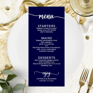 Menu Cardápio de Casamento Caligrafia Elegante Azul-Nav