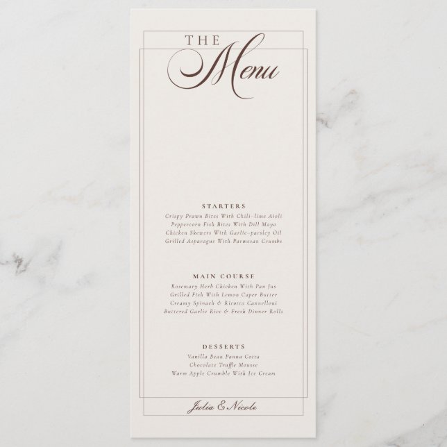 Menu Cardápio de Casamento Caligrafia Marfim Choco Clás (Frente)