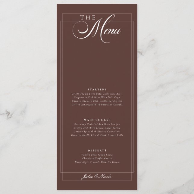 Menu Cardápio de Casamento Caligrafia Marfim Choco Clás (Frente)