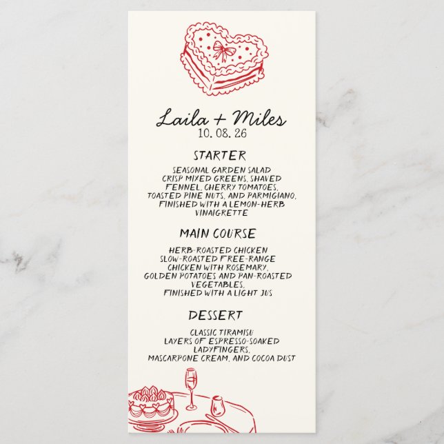 Menu Cardápio de casamento caprichoso vermelho calor (Frente)