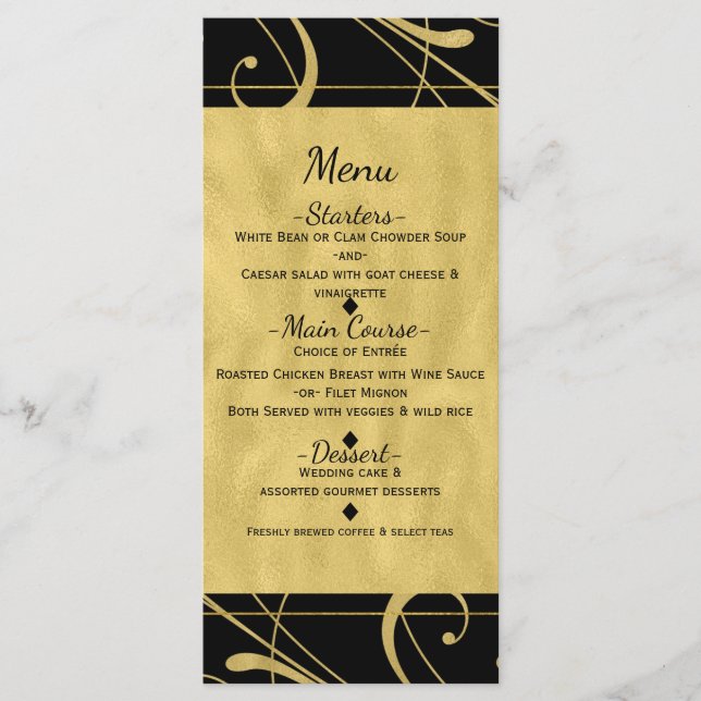 Menu Cardápio de Casamento Chic Floral Preto e Dourado  (Frente)
