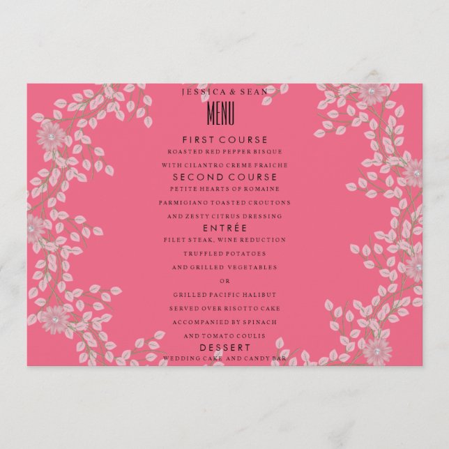 Menu Cardápio de Casamento Chic Pink Floral & Pérolas (Frente)