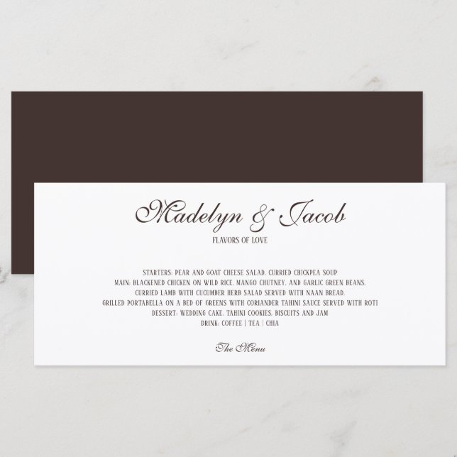 Menu Cardápio de Casamento Clássico Marrom (Frente/Verso)