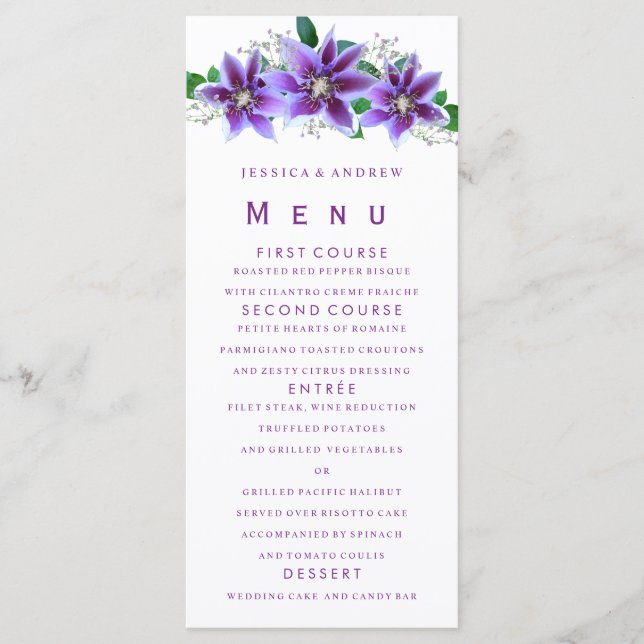 Menu Cardápio de Casamento Classy Chic Clematis (Frente)